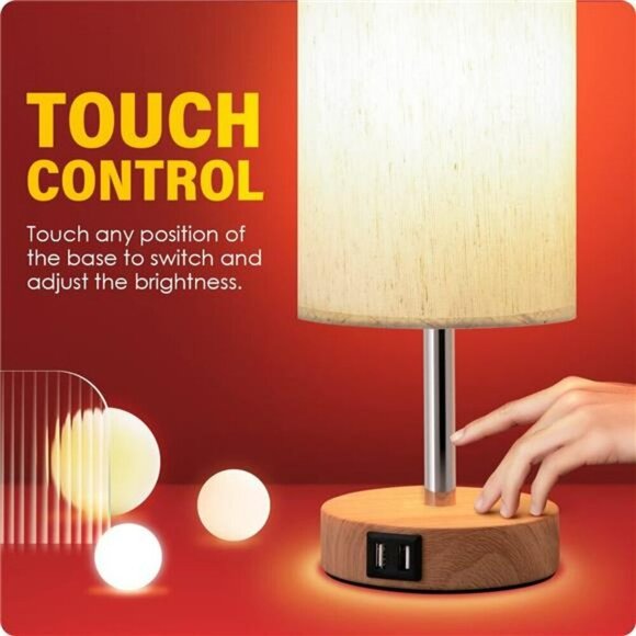 Decor Bedside Table Lamp with USB Port Touch Control for Bedroom Wood Nightstand - Picture 5 of 6